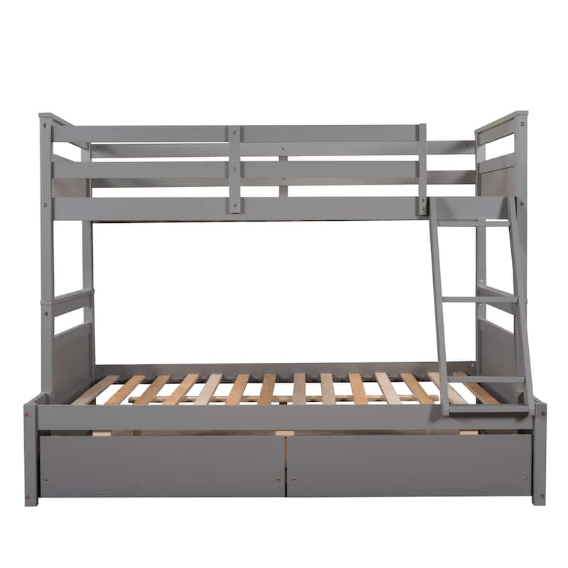 Twin over Full Bunk Bed with Storage in Gray, Space-Saving Design with Drawers