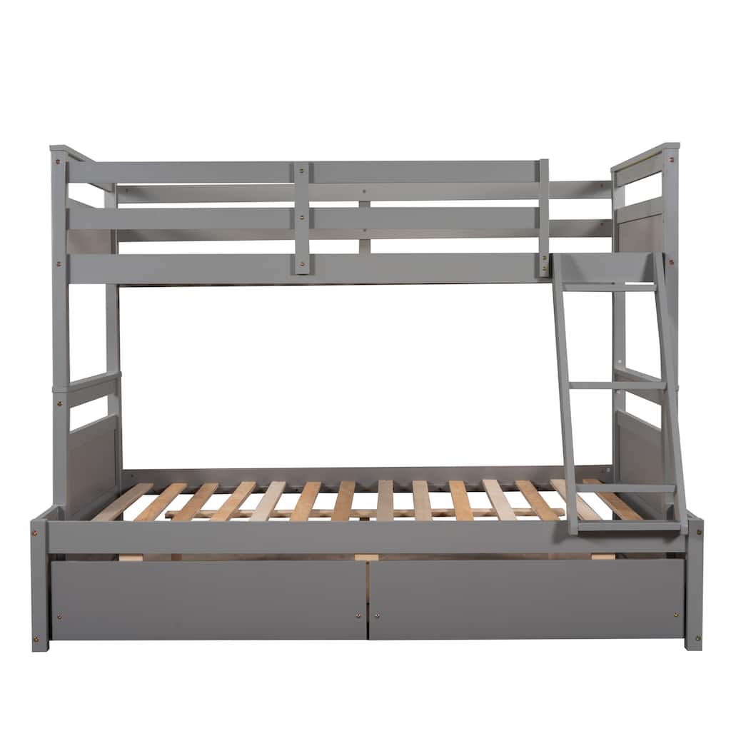 Wooden Twin over Full Bunk Bed with 2 Storage Drawers, Solid Pinewood Detachable Bunk Bed Frame, Divided Into 2 Individual Beds