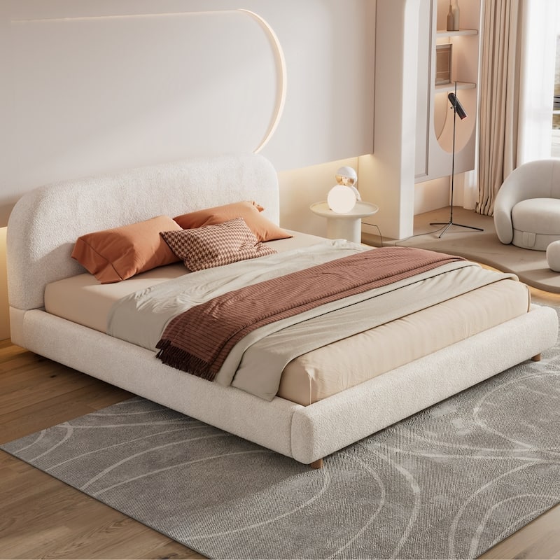 Upholstered Platform Bed with Curve-Shaped Design Headboard