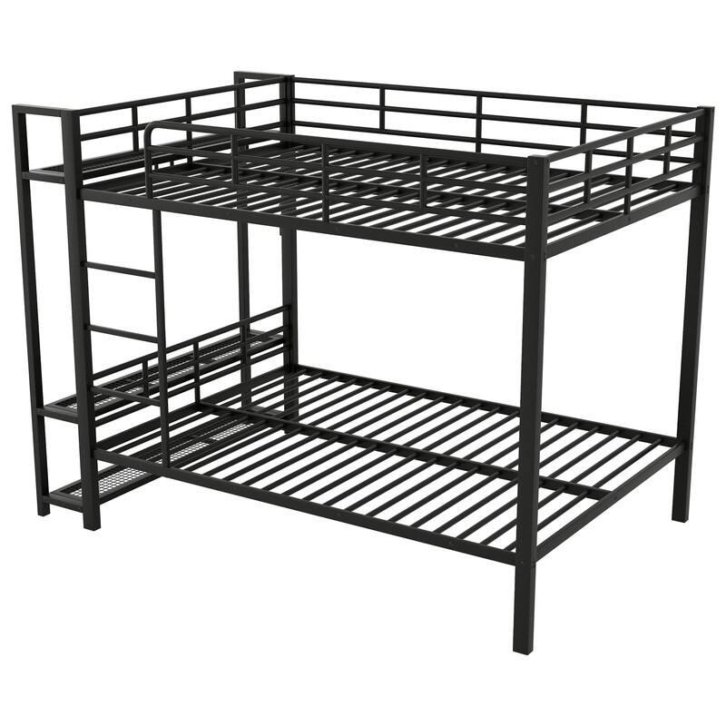 Full over Full Size Metal Bunk Bed with Mesh Shelves and Clothes Hooks, Storage Bed Frame with LED Light and Ladder