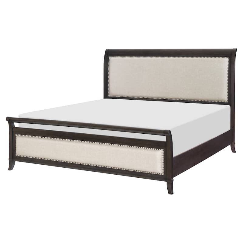 Bron Queen Bed with Sleigh Headboard Design, Beige Upholstery, Solid Wood