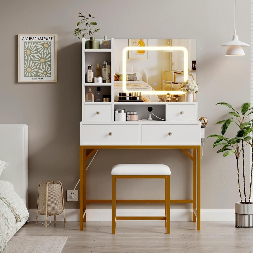 4 Drawer Vanity Desk with Mirror, Makeup Vanity Table for Bedroom