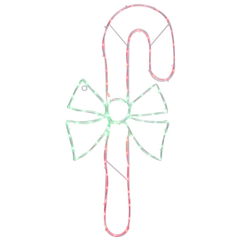 28" Green & White LED Lighted C&y Cane Bow Christmas Window Silhouette