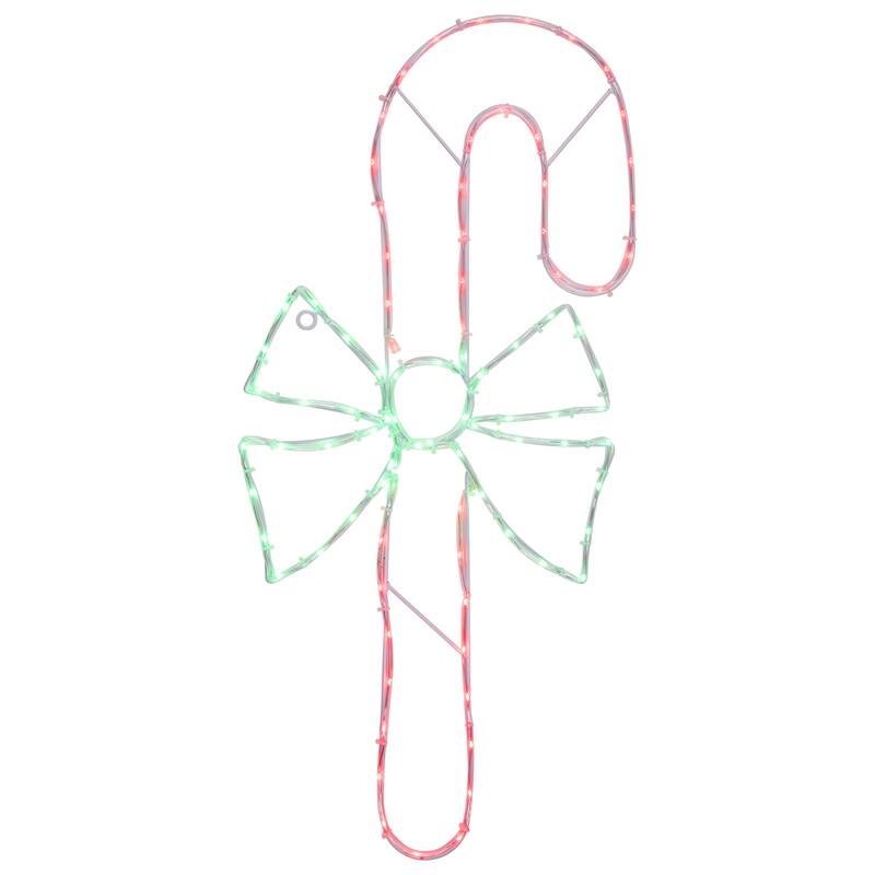 28" Green and White LED Lighted Candy Cane with Bow Christmas Window Silhouette