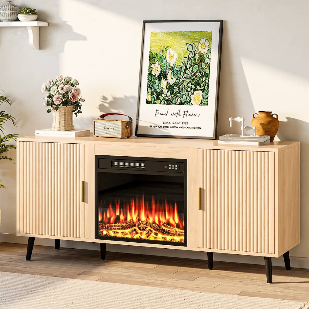 BOSSIN 58"Mid-Century Electric Fireplace TV Stand with Fluted Panels, Remote Control, and Adjustable Shelves for TVs up to 65"