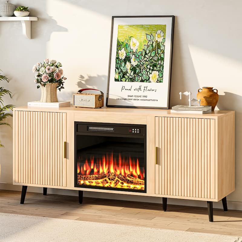 BOSSIN 58"Mid-Century Electric Fireplace TV Stand with Fluted Panels, Remote Control, and Adjustable Shelves for TVs up to 65" - Beige