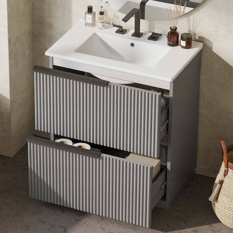 30 Inch Freestanding Bathroom Vanity with Ceramic Sink,Full-Extension Drawers,and Fluted Design