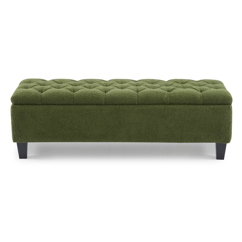Ottoman Bench with Storage, Green Boucle Surface, Rubber Wood Legs, 300 lbs Capacity