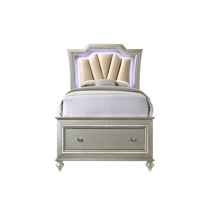 Champagne Full Size Wooden Platform Bed for Bedroom with Diagonal Channeled Tufted Padded Headboard and Low-Profile Footboard