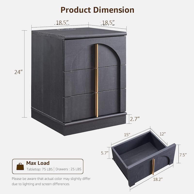 Modern Arched 3 Drawers Nightstand with Charging Station, Side Table