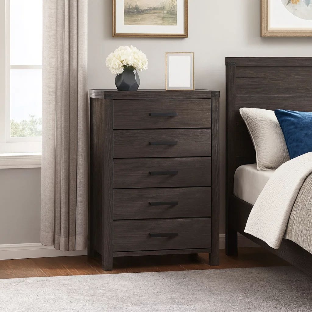 Wooden Chest with Metal Bar Handles and Five Drawers, Dark Brown