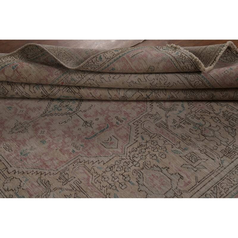 Geometric Beige Tabriz Persian Vintage Rug Hand-Knotted Wool Carpet - 7'10" x 11'0"