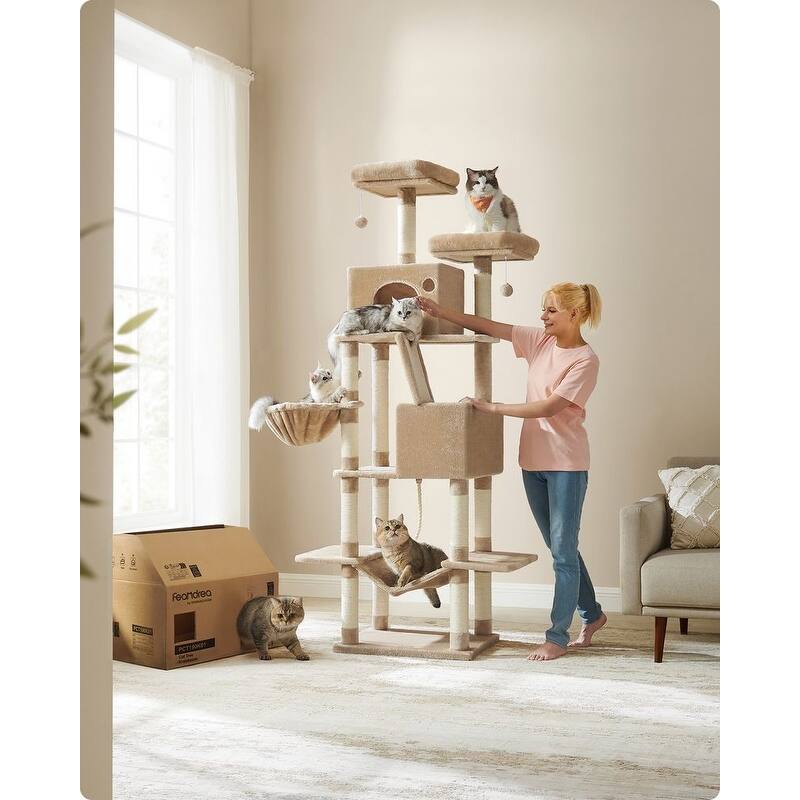 Cat Tree, 66.1-Inch Large Cat Tower with 13 Scratching Posts, 2 Perches, 2 Caves, Basket, Hammock, Pompoms