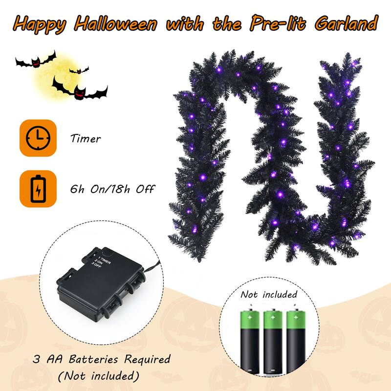 Gymax 9FT Pre-lit Black Halloween Garland Christmas Rattan w/ LED