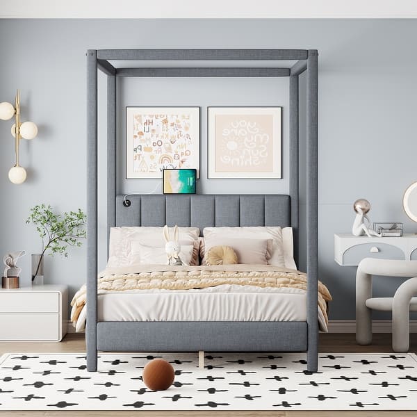 slide 2 of 10, Classic Queen Size Canopy Platform Bed with USB and Type-C Ports for Kids Teens Adults No Box Spring Needed, Easy Assembly, Gray Gray