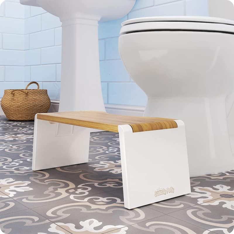 Squatty Potty Stockholm Folding Bamboo Toilet Stool, 7 Inch Collapsible Bathroom Step Stool Squat, Brown and White, 1 Count