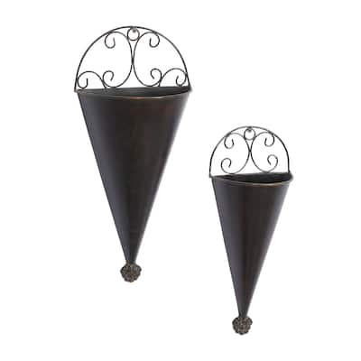 Metal Scroll Indoor Outdoor Cone Indoor Outdoor Wall Planter - Set of 2 Black - Roche River Decor