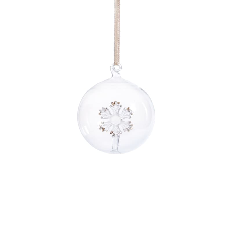 Clear Glass Ball Ornaments with Holiday Snowflake Motif, Set of 6, 3.25"