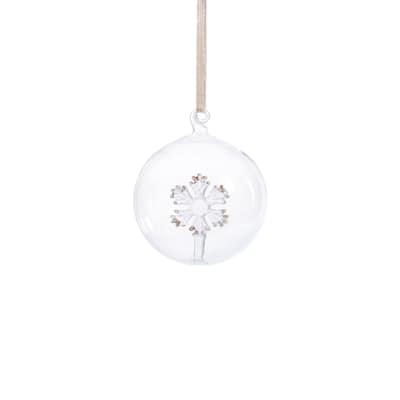 Clear Glass Ball Ornaments with Holiday Snowflake Motif, Set of 6, 3.25"