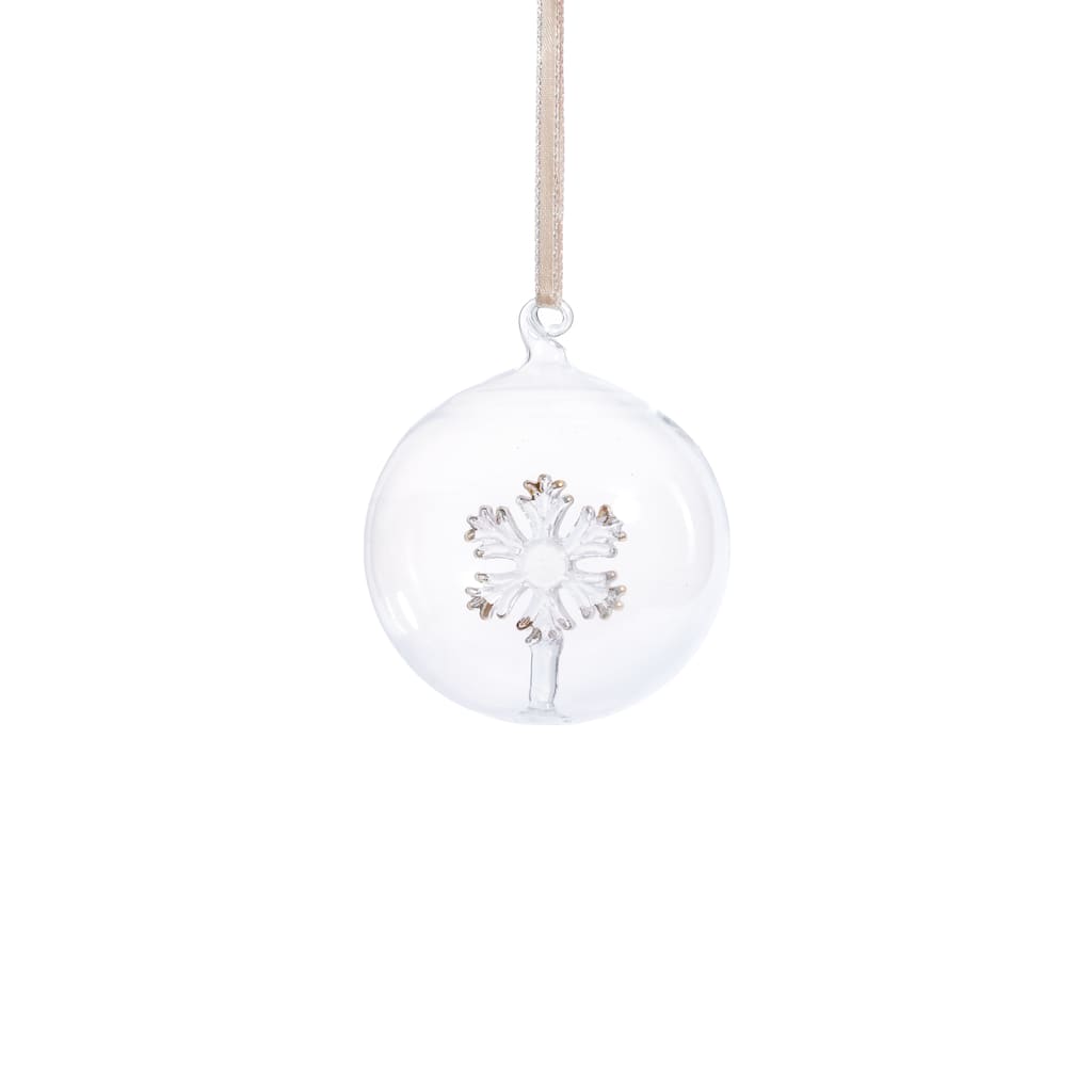 Clear Glass Ball Ornaments with Holiday Snowflake Motif, Set of 6, 3.25"