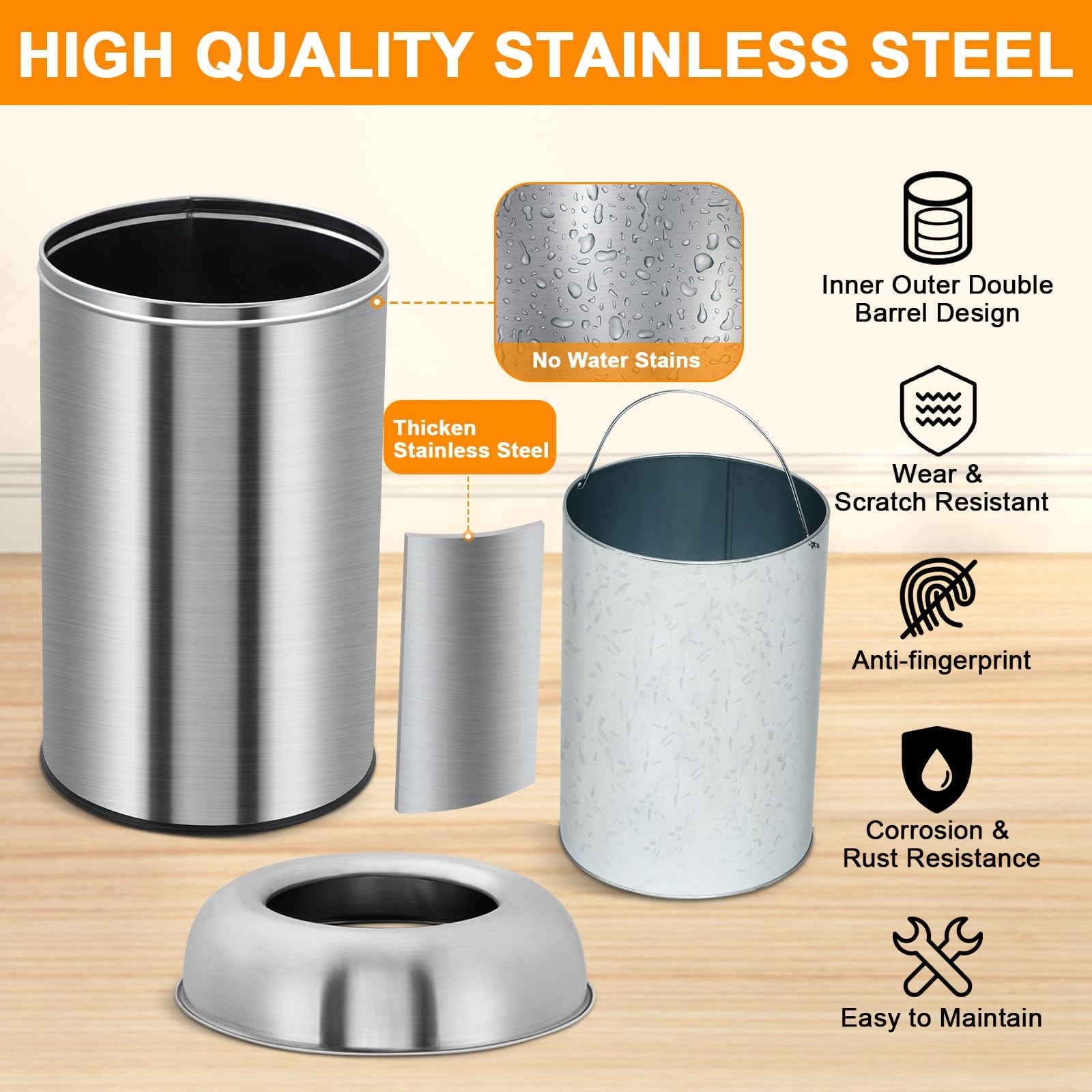 Outdoor Indoor Round Garbage Can with Removable Inner Wastebasket, Commercial Grade Stainless Steel Rubbish Bin