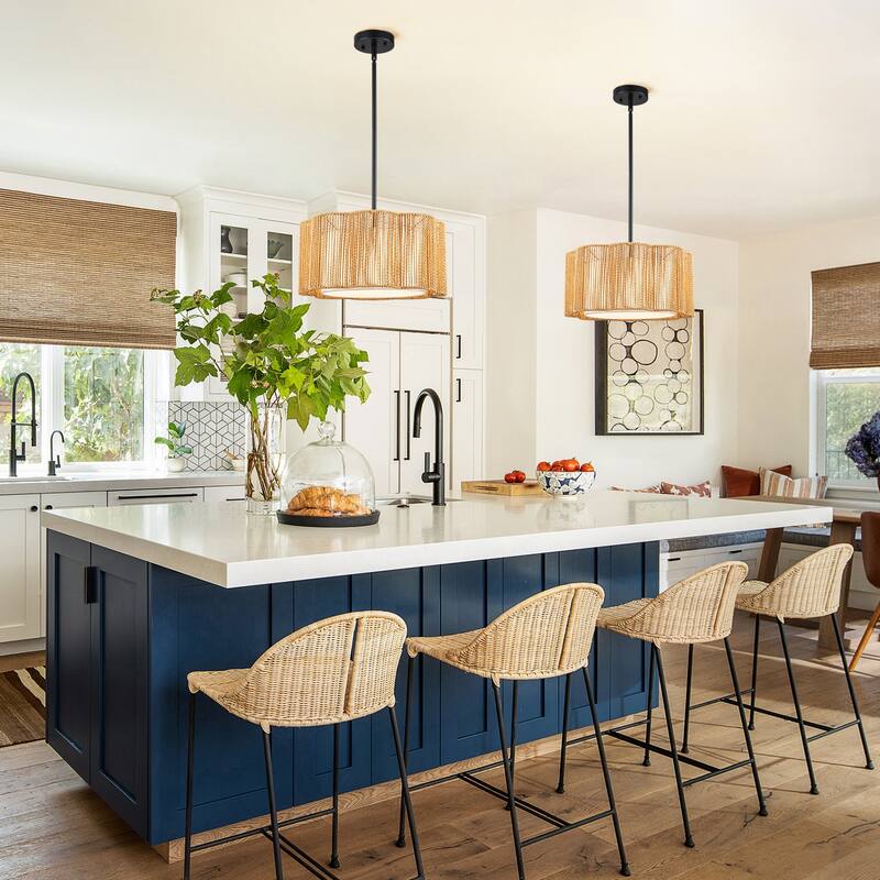 Farmhouse 1-Light Drum Pendant Light with Woven Shades - Black
