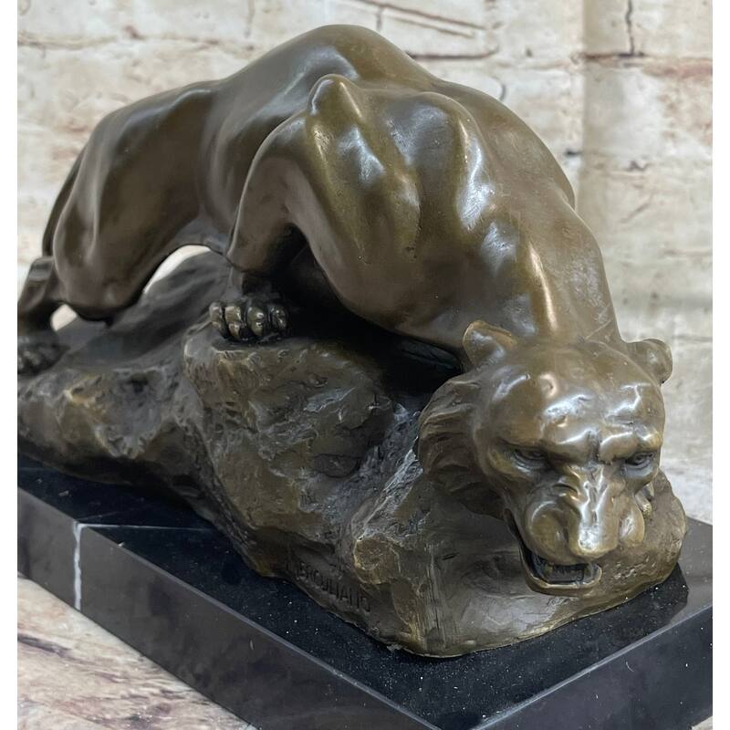 Sabre Tooth Tiger Lion Panther Bronze Sculpture Statue On Marble Base