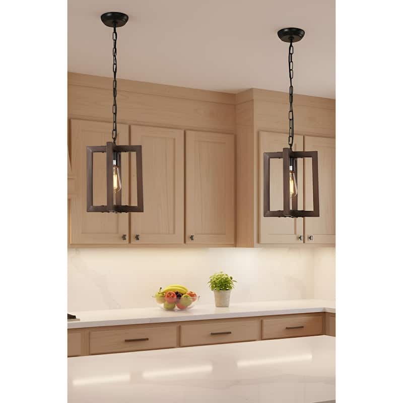 1-Light Wood Lantern Square/Rectangle Mimi Pendant Lamp Island Kitchen Light