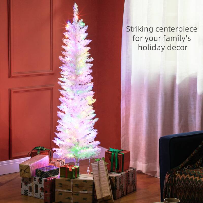 HOMCOM Pre-Lit Pencil Christmas Tree - Colorful LED Lights, White Branches