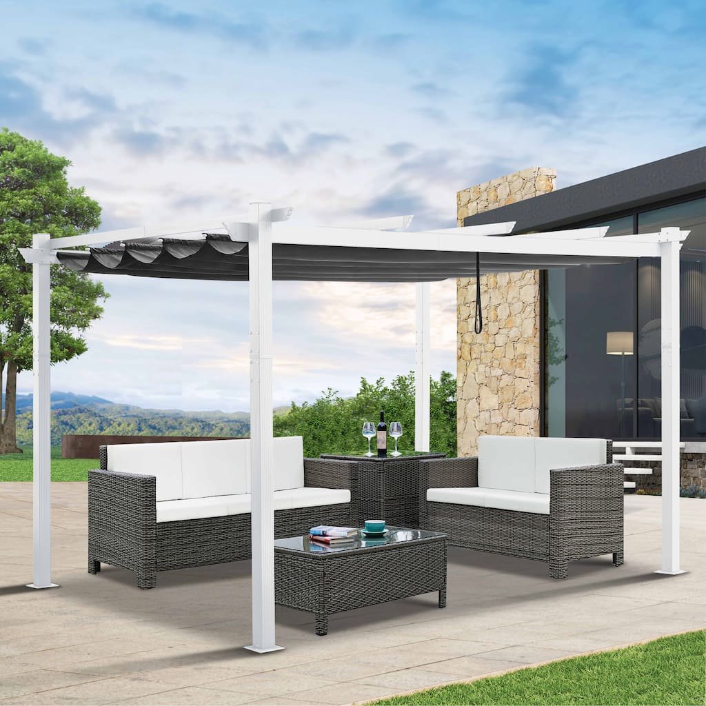 Outdoor Pergola with Retractable Canopy Cover, Pavilion Grill Gazebo