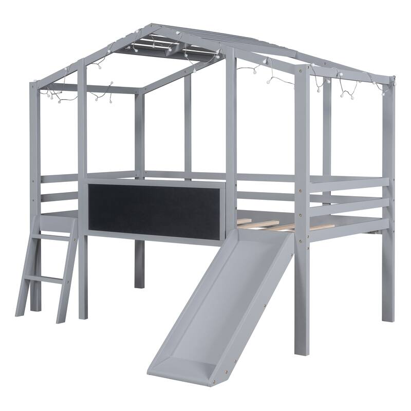 Twin Loft Bed with Slide, Ladder, Blackboard, and Roof Light Strip, Gray