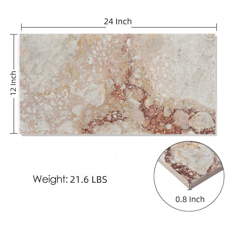 Roomfitters Natural Marble Tile for Wall and Floor, Polished Genuine Stone, 12x24 Marble Tile, 4-Piece Boxe, Pink