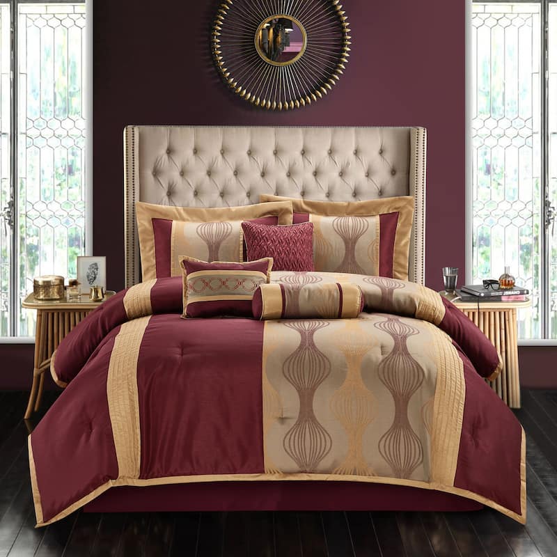 Grand Avenue Daniella 7-Piece Modern Geometric Comforter Set - Wine/Gold - Queen