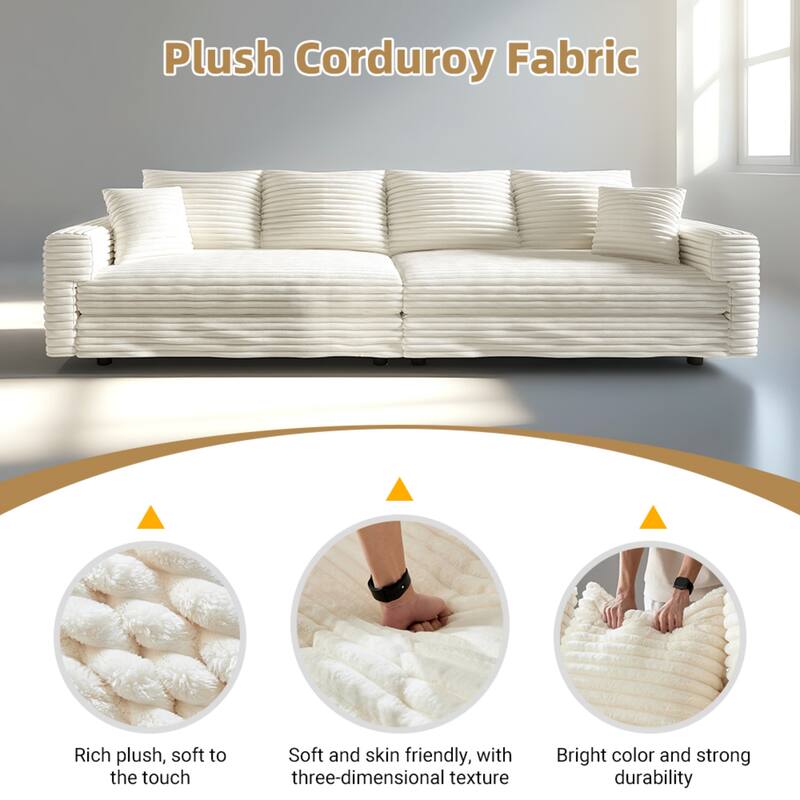 Plush Corduroy Upholstered 3 Seat Sofa , Convertible Deep Seat Lounge Sofa Chair, Cloud Sofa with 5 Soft Pillows