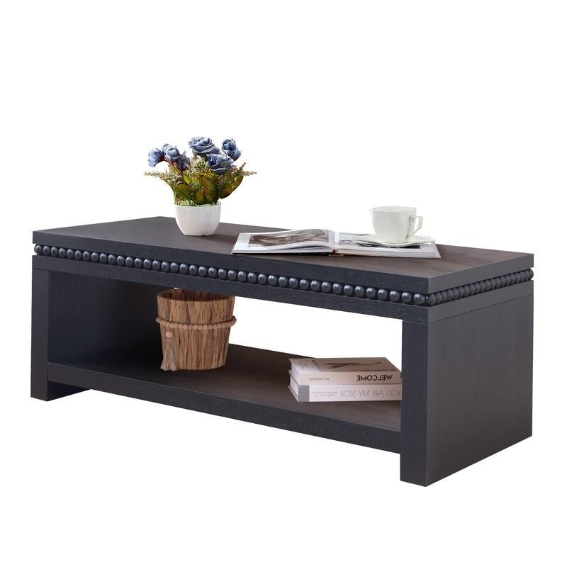 Modern Wood Coffee Table with Beaded Trim and Open Storage Shelf for Stylish Living Room Decor