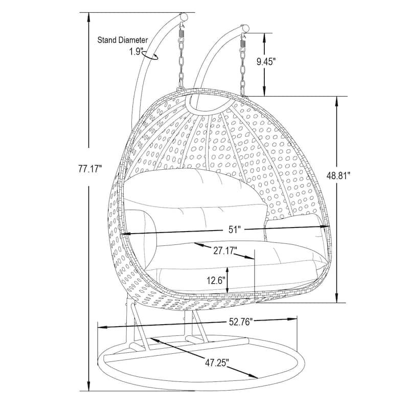 Patio 2-Person Hanging Egg Swing Chair Charcoal Wicker and Iron Frame Breathable Removable Cushion Covers by LeisureMod