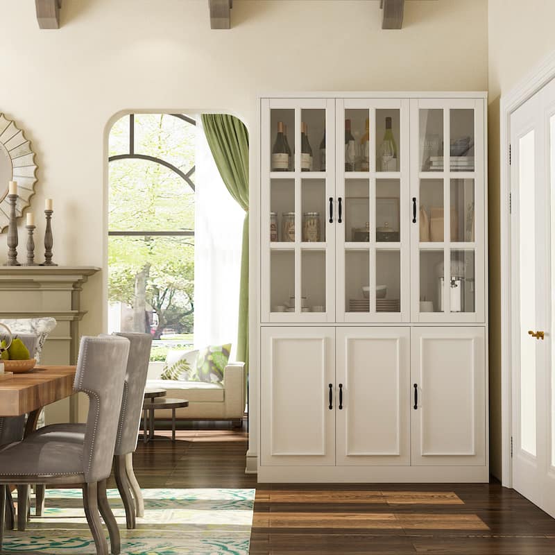 Tall Storage Cabinet Glass Doors Display Cabinet Bookcase Home Office - 47.2"W