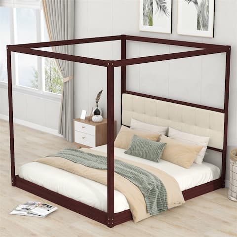 Merax Wood Canopy Platform Bed with Upholstered Headboard