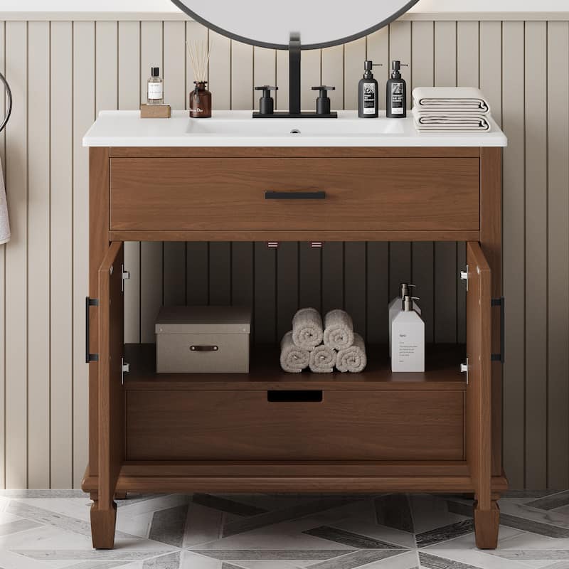 36"Bathroom Vanity with Sink, 2 Soft Close Doors and 3 Drawers, Free-standing Vanity with Wood Legs and Large Storage
