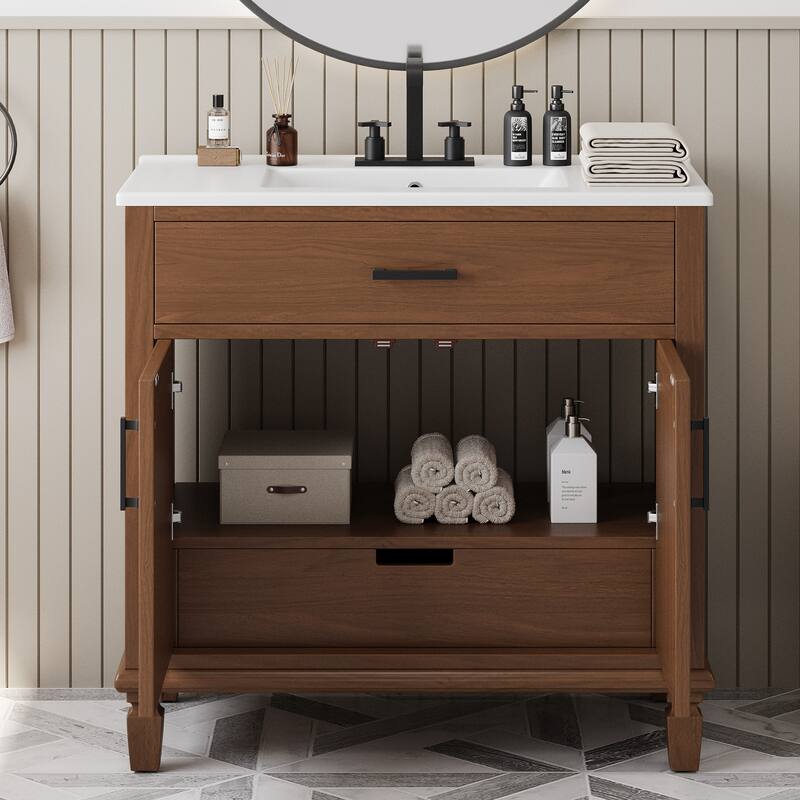 Roomfitters 36" Rattan Bathroom Vanity with Ceramic Sink, Modern Cabinet with Soft-Close Doors and Storage units