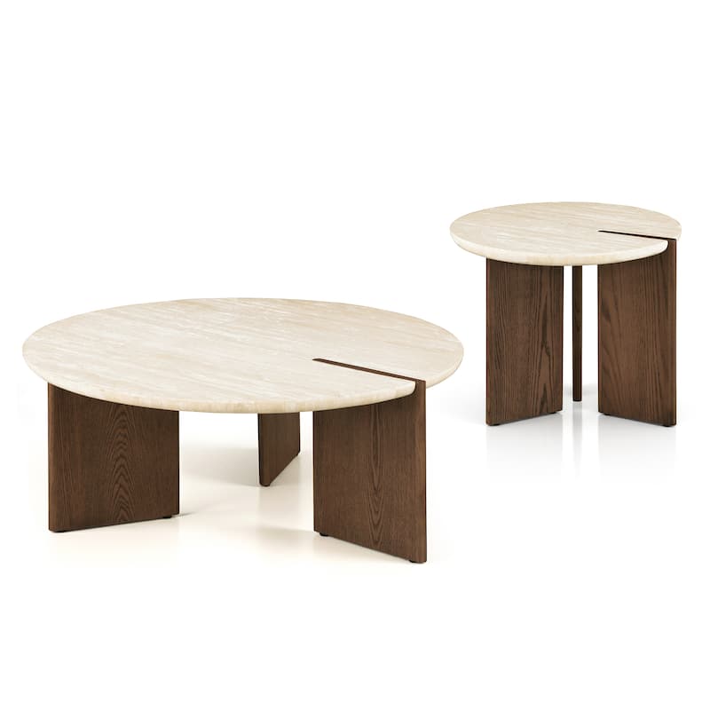 Furniture of America Elrik Modern Genuine Travertine Top 2-Piece Round Coffee Table Set