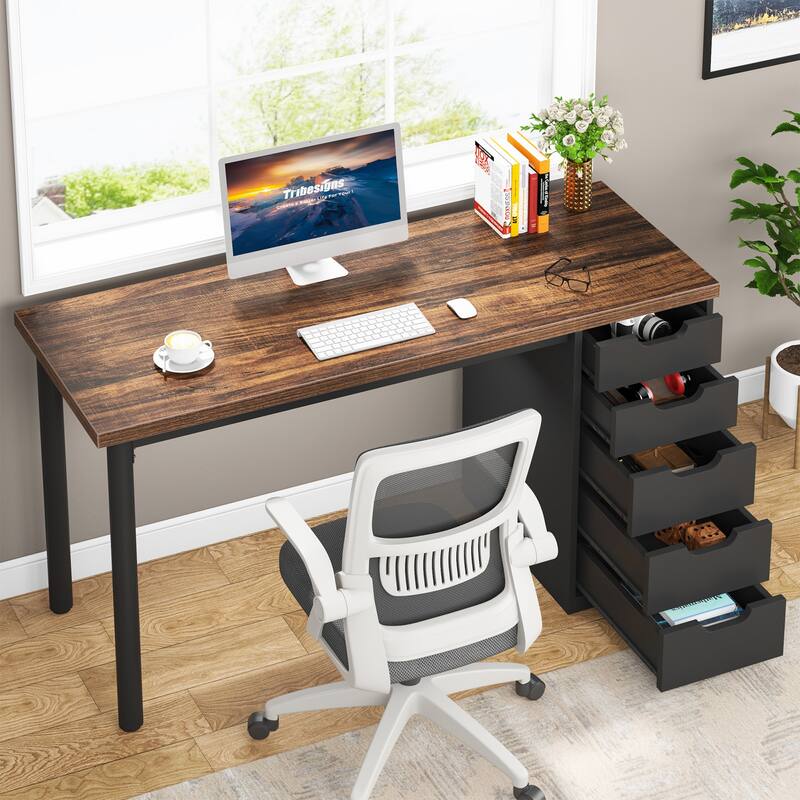 Modern Computer Desk with 5 Reversible Drawers, Storage Home Office Desk, PC/Laptop Desk, Study Writing Table Workstation - Brown+Black