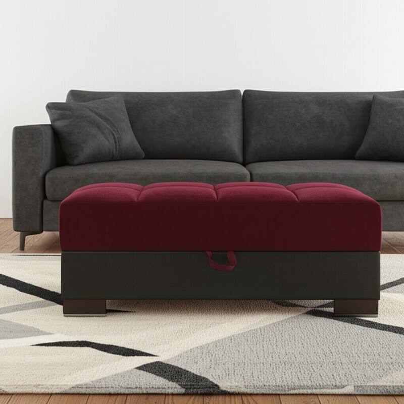 HomeRoots 52" Burgundy and Brown Microfiber And Faux Leather Tufted Storage Ottoman - Burgundy - 52' X '18.5' X '21