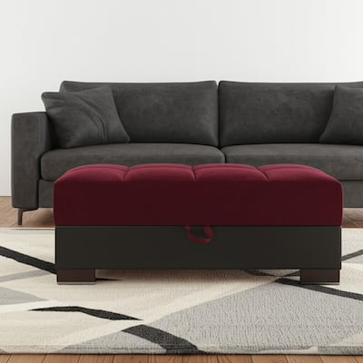 HomeRoots 52" Burgundy and Brown Microfiber And Faux Leather Tufted Storage Ottoman