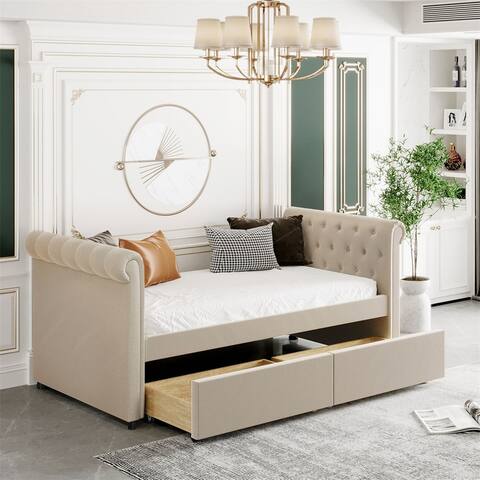 Merax Twin Size Upholstered daybed with Drawers, Wood Slat Support