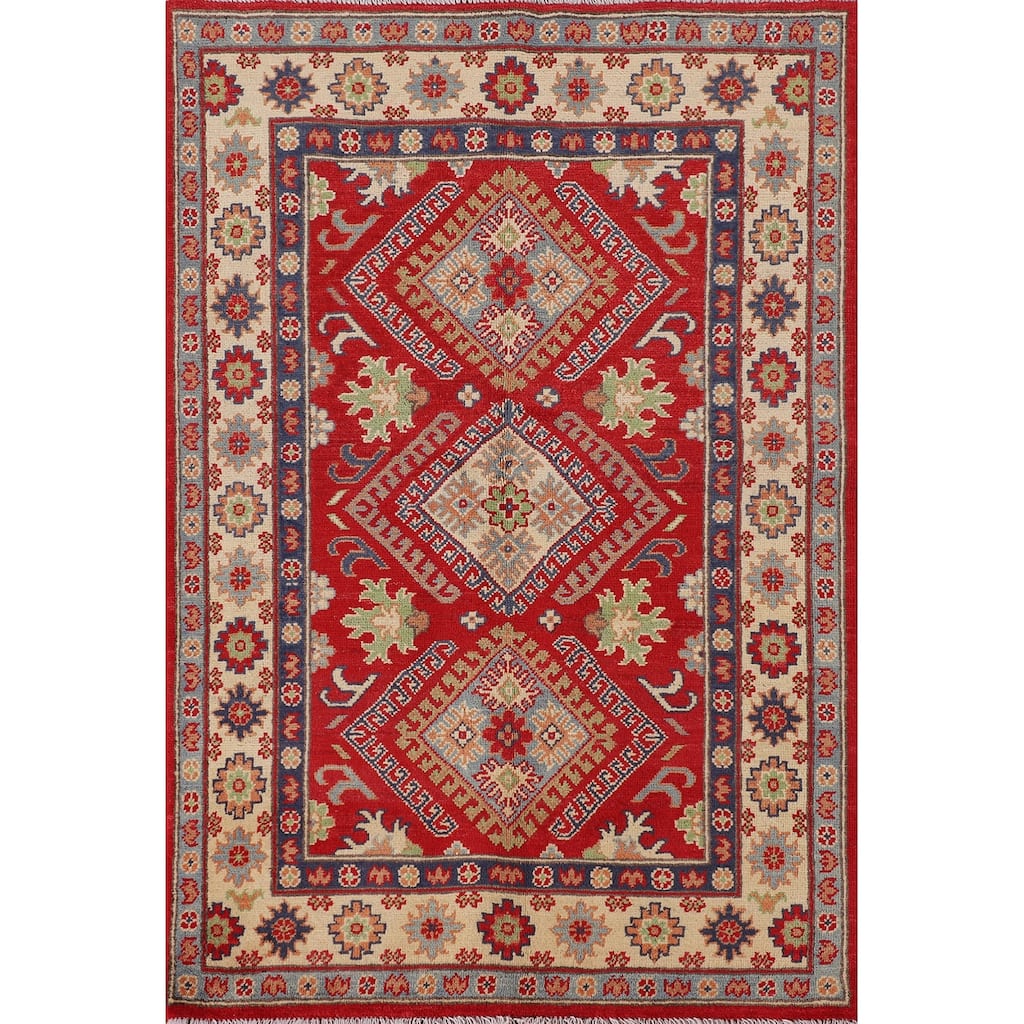 Red Geometric Kazak Foyer Rug Handmade Wool Carpet - 3'4"x 5'0"