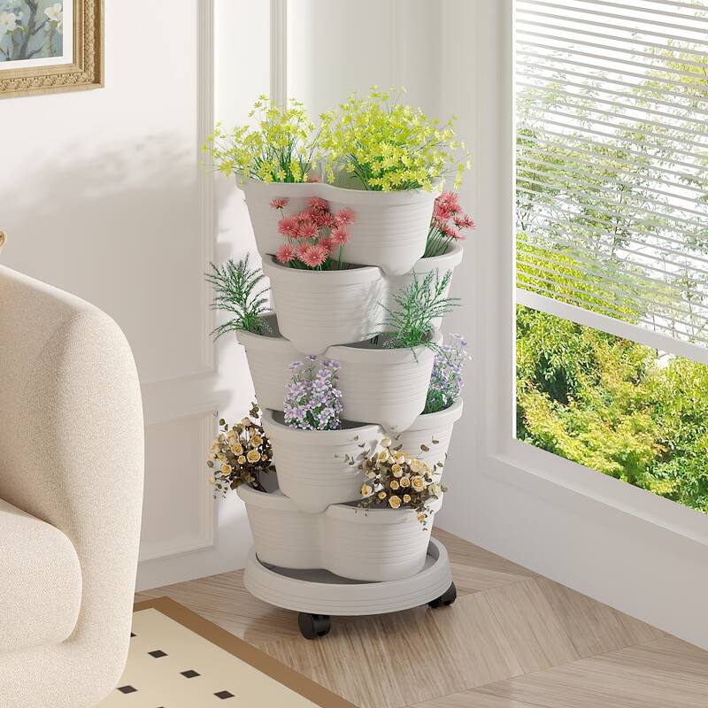 Vertical Strawberry Planter 5 Tier Hanging Vertical Gardening Planter Stackable Garden Tower Pot for Strawberries Flowers - Light Grey