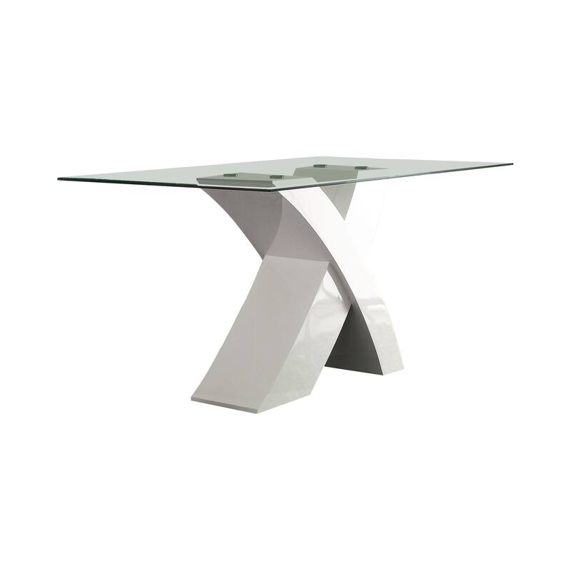 Glass Top Dining Table With X Shape Wooden Base, White and Clear