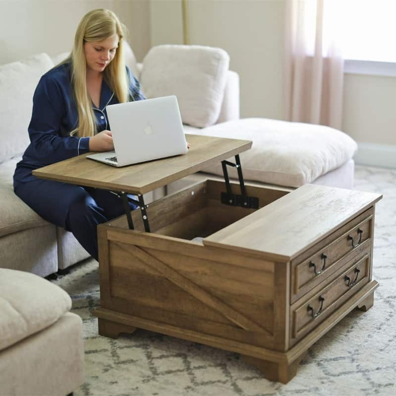 Moasis Farmhouse 31" Lift Top Square Coffee Table with 2 Drawers and Hidden Storage