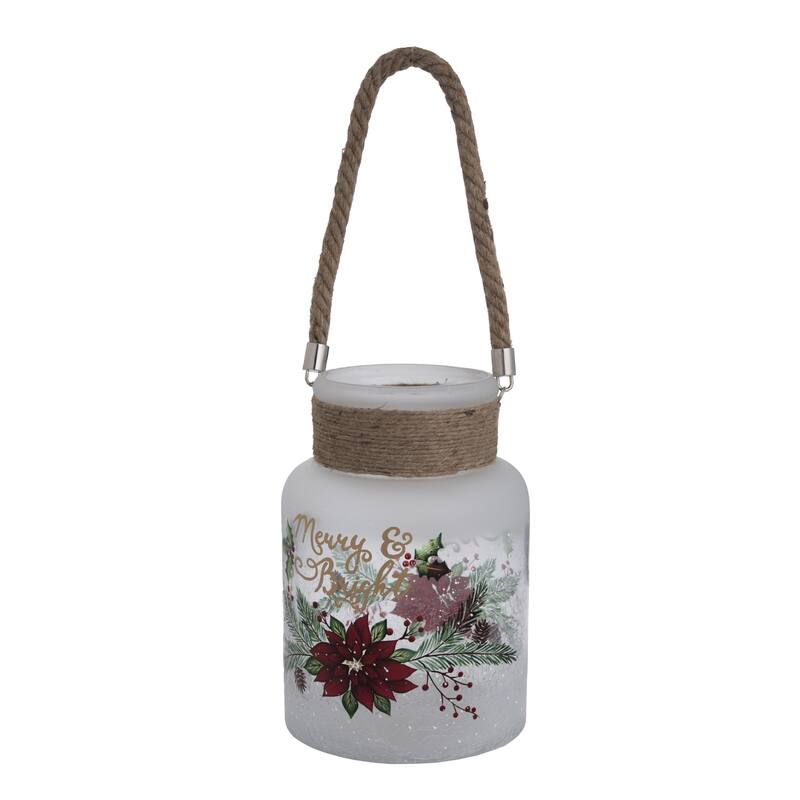 Transpac Glass 6.75 in. Off-White Christmas Poinsettia Hurricane with Woven Handle
